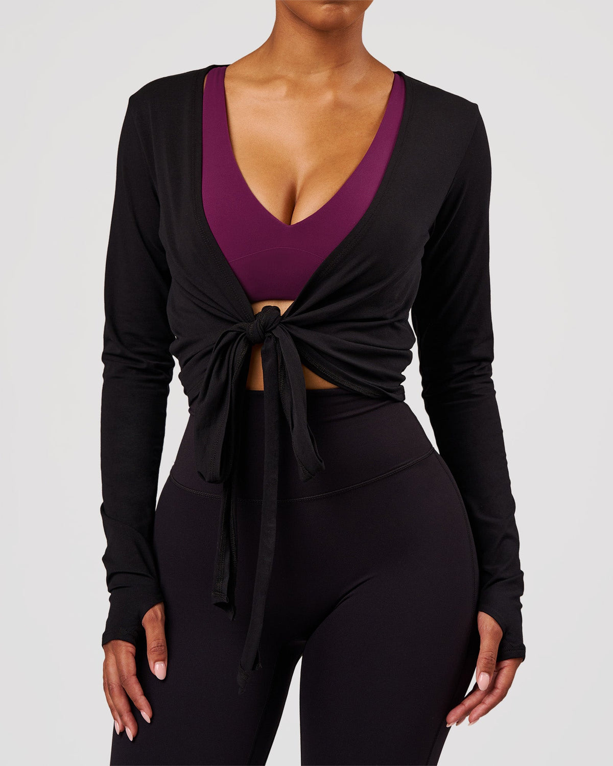Woman wearing All Day Wrap FLXCotton Long Sleeve Top - Black | Model:Jordan | Size:XS - view 2