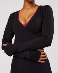Woman wearing All Day Wrap FLXCotton Long Sleeve Top - Black | Model:Jordan | Size:XS | Thumbnail Index: 2