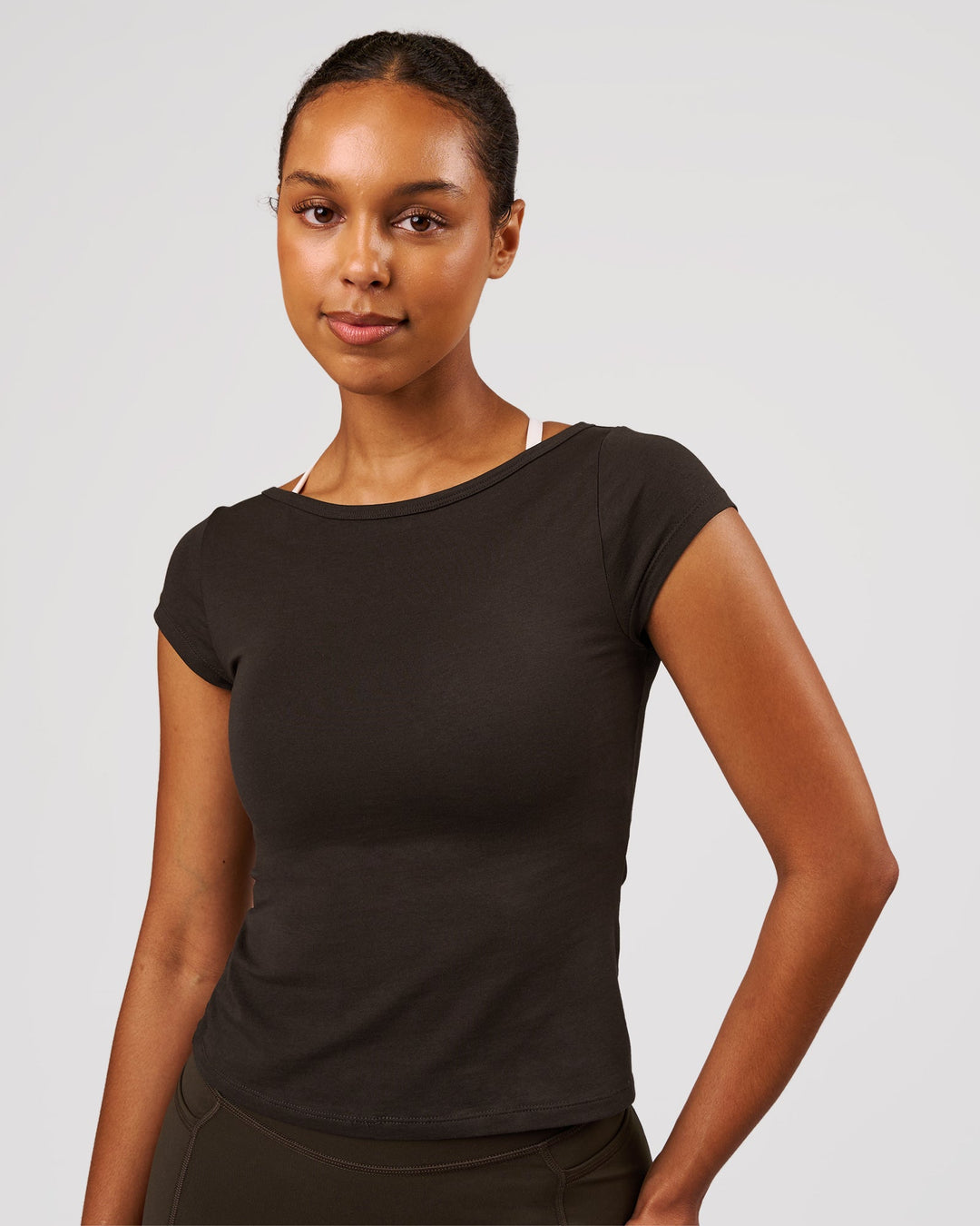 Woman wearing Boatneck FLXCotton Baby Tee - Ground Coffee | Model:Jordan | Size:XS - view 1