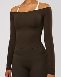Woman wearing Bardot Long Sleeve Top - Ground Coffee | Model:Jordan | Size:XS | Thumbnail Index: 1