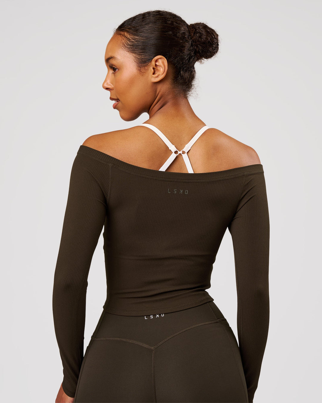Woman wearing Bardot Long Sleeve Top - Ground Coffee | Model:Jordan | Size:XS - view 3