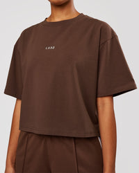 Woman wearing Go-To Heavyweight FlxCotton Skimmer Tee - Hot Chocolate-White | Model:Jordan | Size:XS | Thumbnail Index: 2
