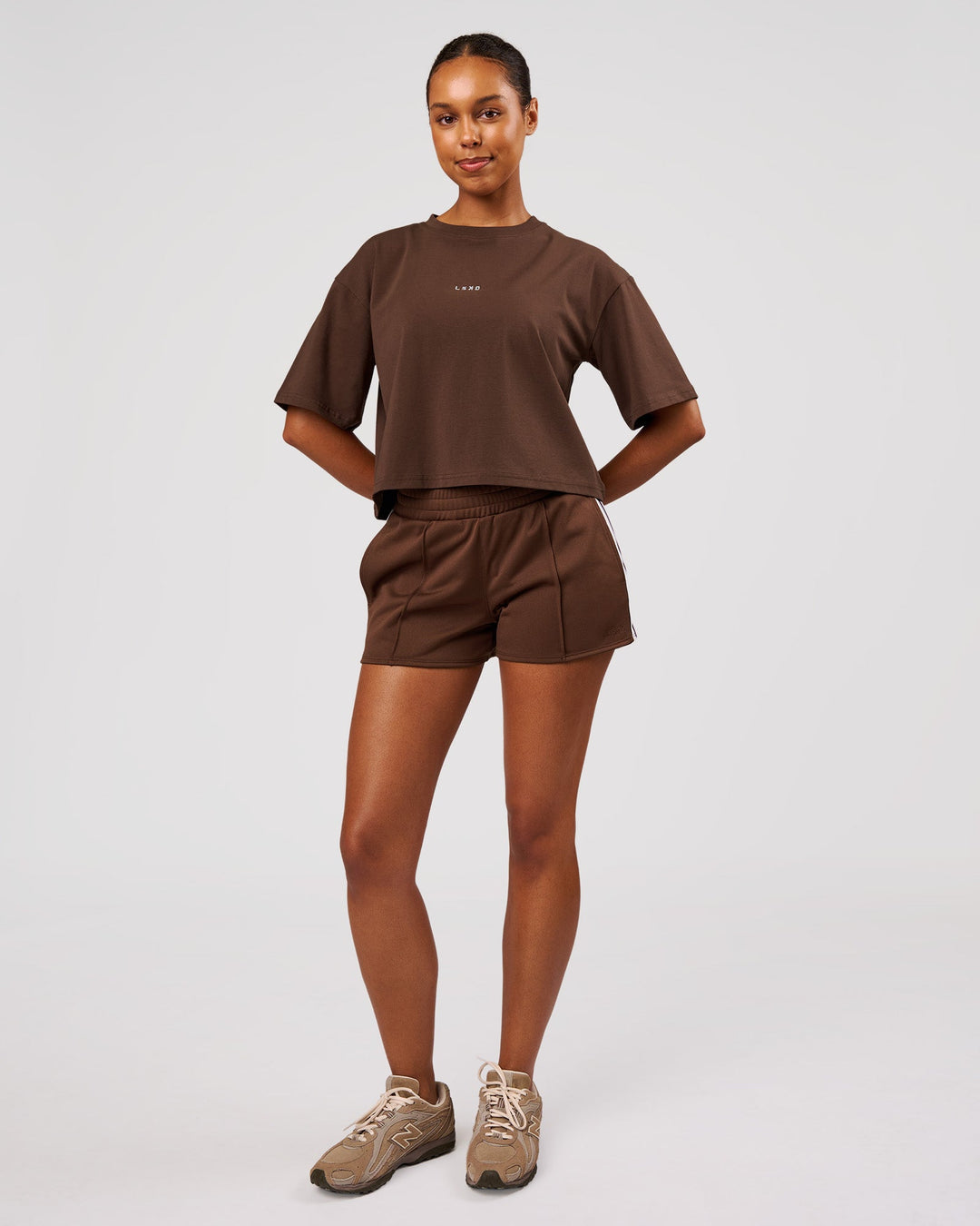 Woman wearing Go-To Heavyweight FlxCotton Skimmer Tee - Hot Chocolate-White | Model:Jordan | Size:XS - view 4