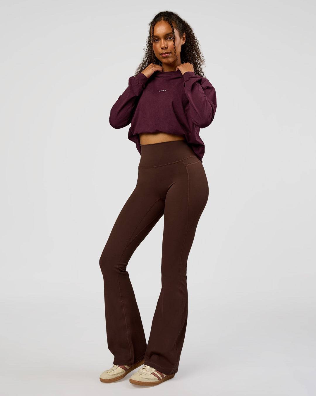 Woman wearing Go-To Long Sleeve FLXCotton Oversized Tee - Cherry Lacquer-White | Model:Jordan | Size:XS - view 4