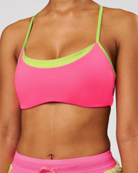Woman wearing Tempo Sports Bra - Sugar Plum-Lime Glo | Model:Jordan | Size:XS | Thumbnail Index: 3