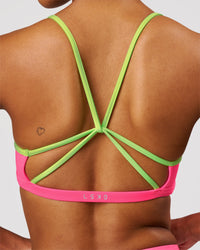 Woman wearing Tempo Sports Bra - Sugar Plum-Lime Glo | Model:Jordan | Size:XS | Thumbnail Index: 4