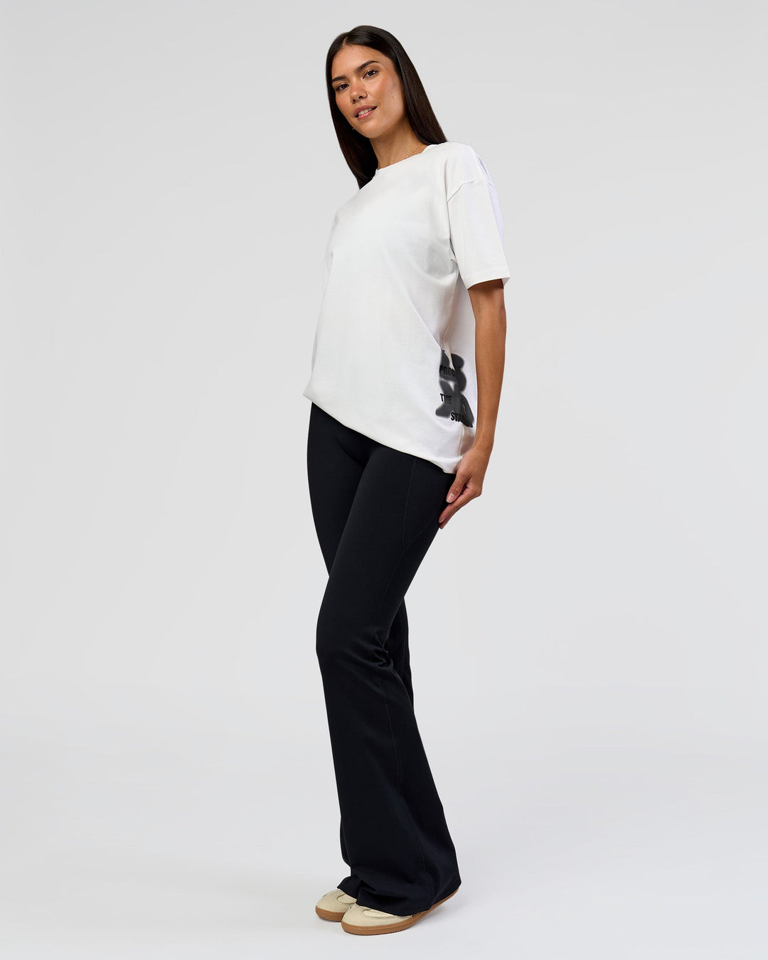 Woman wearing Clear Vision Heavyweight FLXCotton Oversized Tee - White-Black | Model:Rhiley | Size:XS - view 9