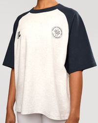 Woman wearing Victory Heavyweight Boxed Raglan Tee - Silver Marl-Midnight Navy | Model:Rosie | Size:XS | Thumbnail Index: 10