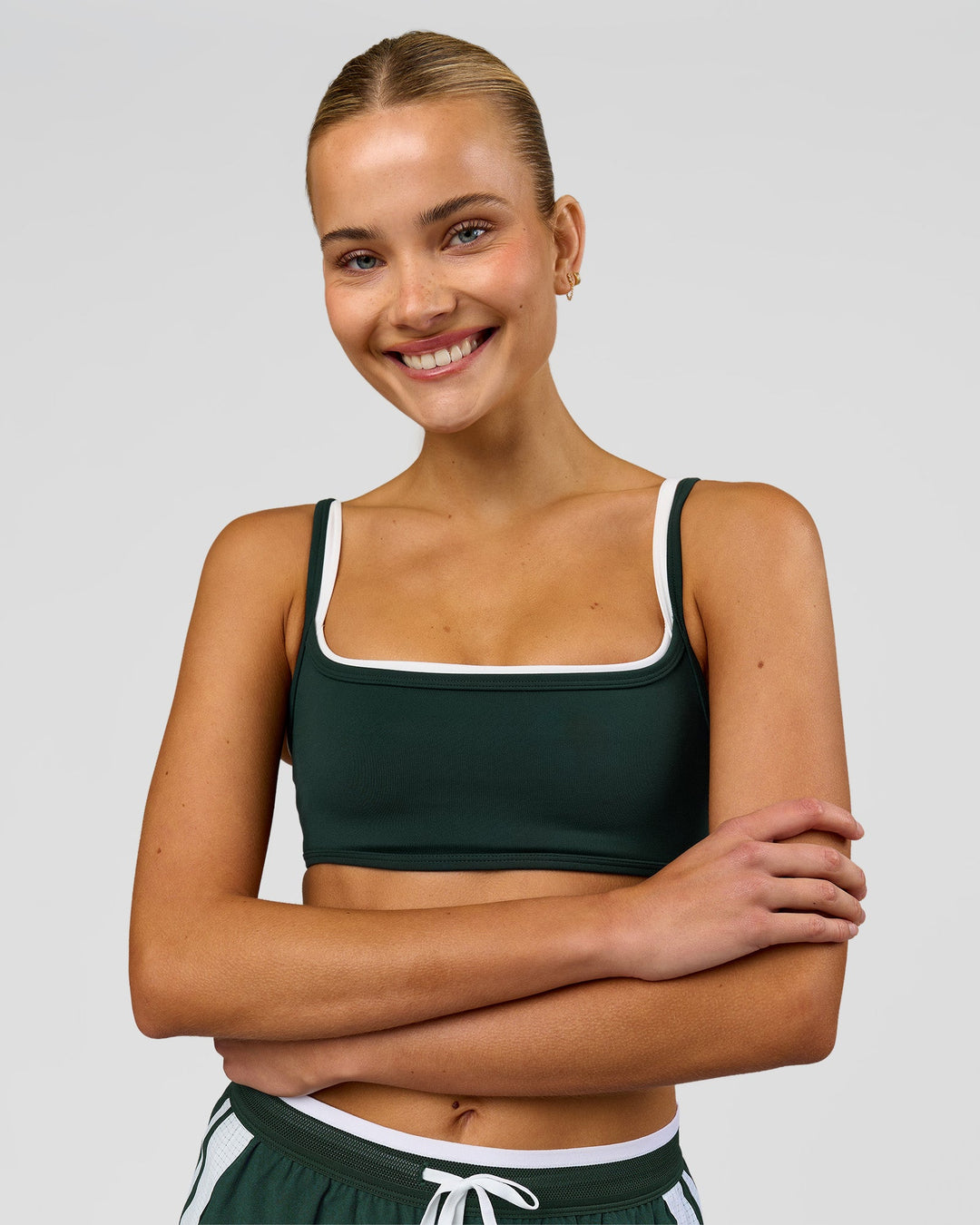 Woman wearing Balance Sports Bra - Midnight Green-White | Model:Taneisha | Size:XS - view 8