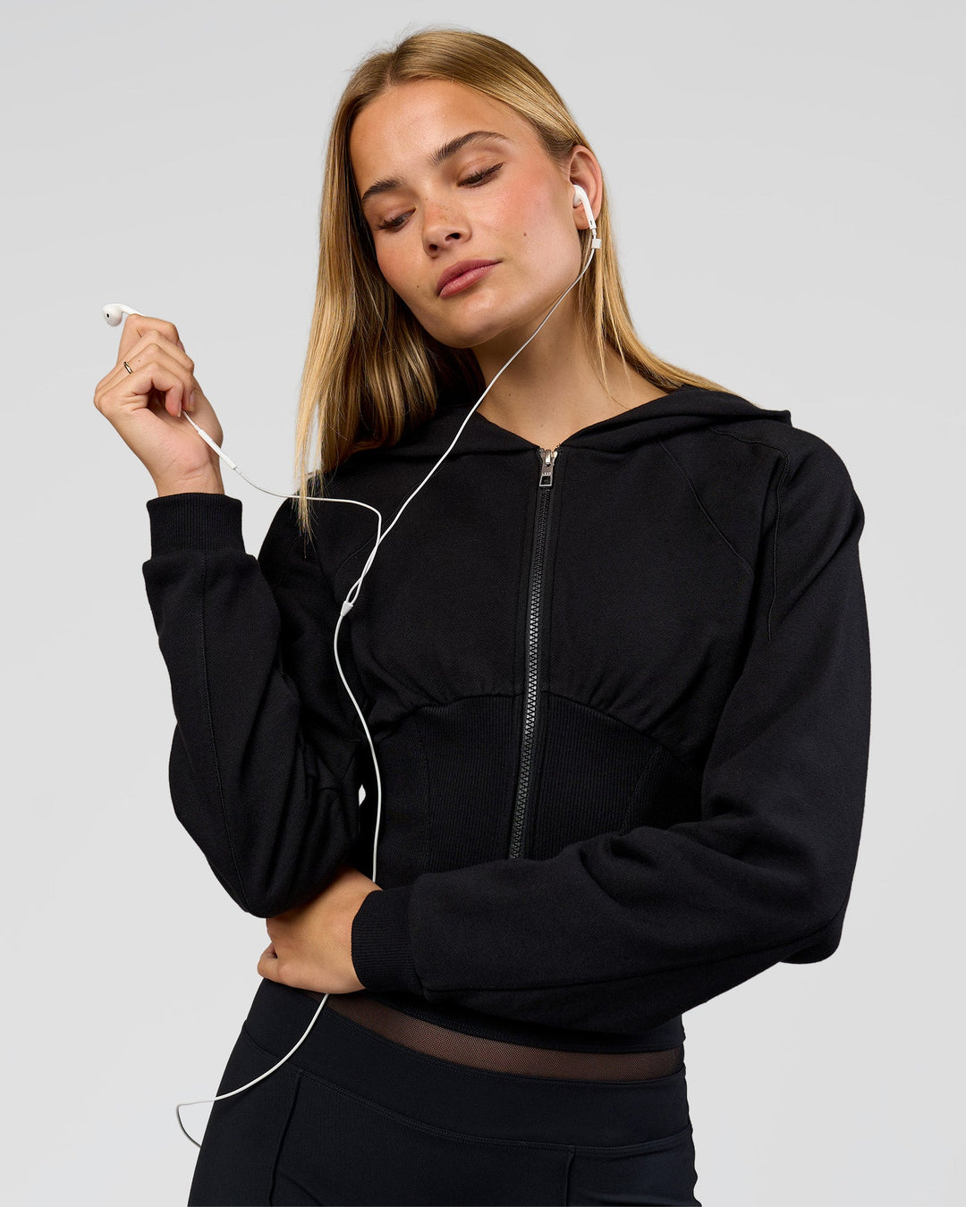 Woman wearing Bend Contour Silhouette Zip Through Hoodie - Black | Model:Taneisha | Size:XS - view 5