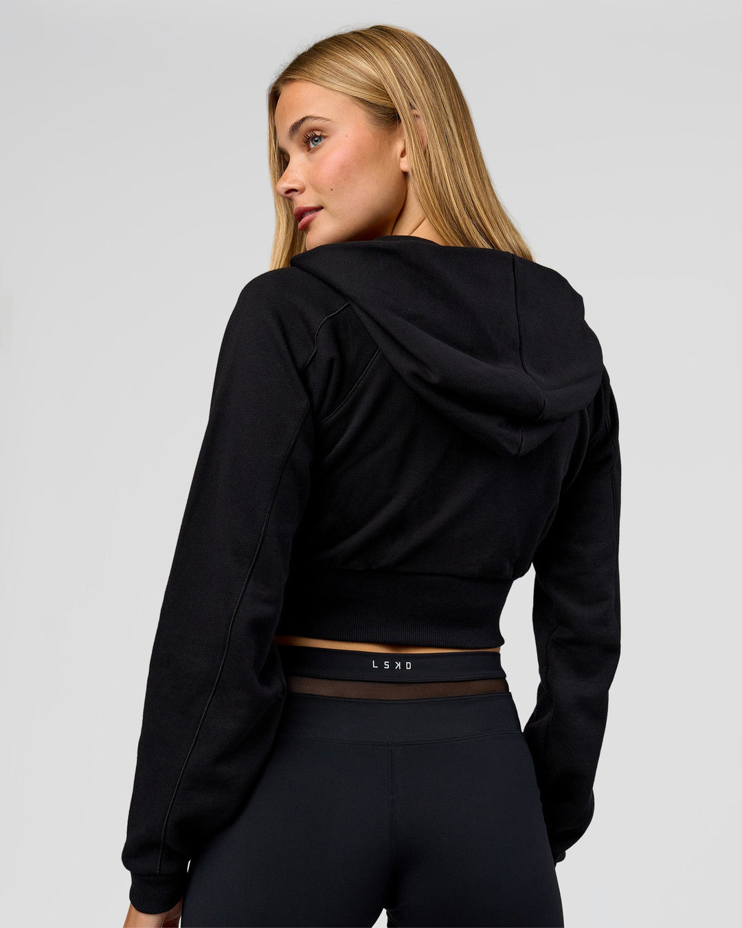 Woman wearing Bend Contour Silhouette Zip Through Hoodie - Black | Model:Taneisha | Size:XS - view 6