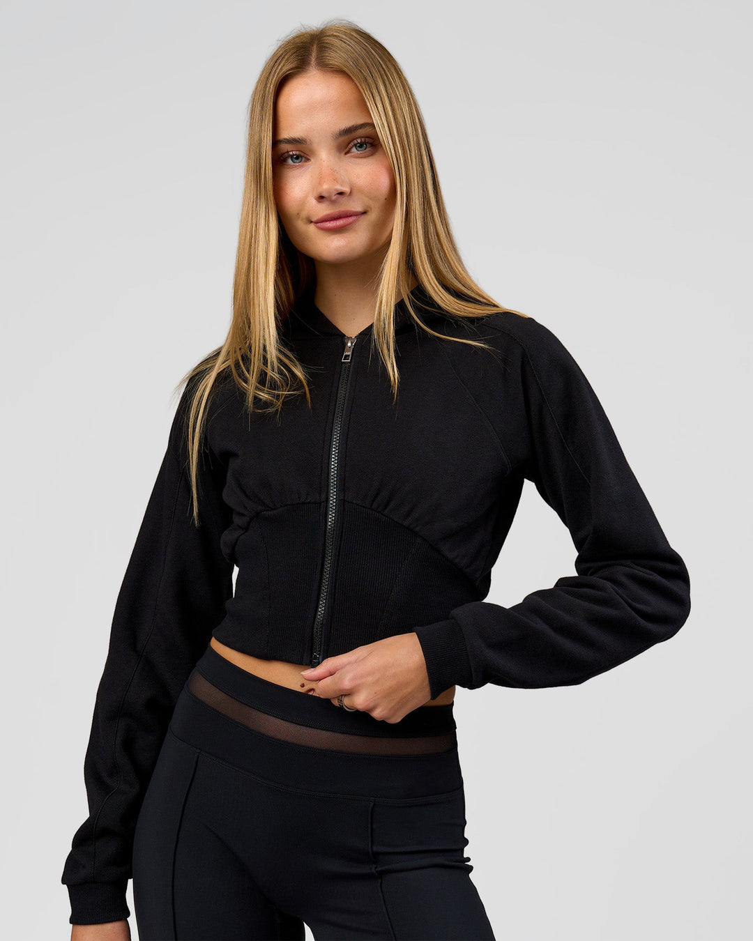Woman wearing Bend Contour Silhouette Zip Through Hoodie - Black | Model:Taneisha | Size:XS - view 8