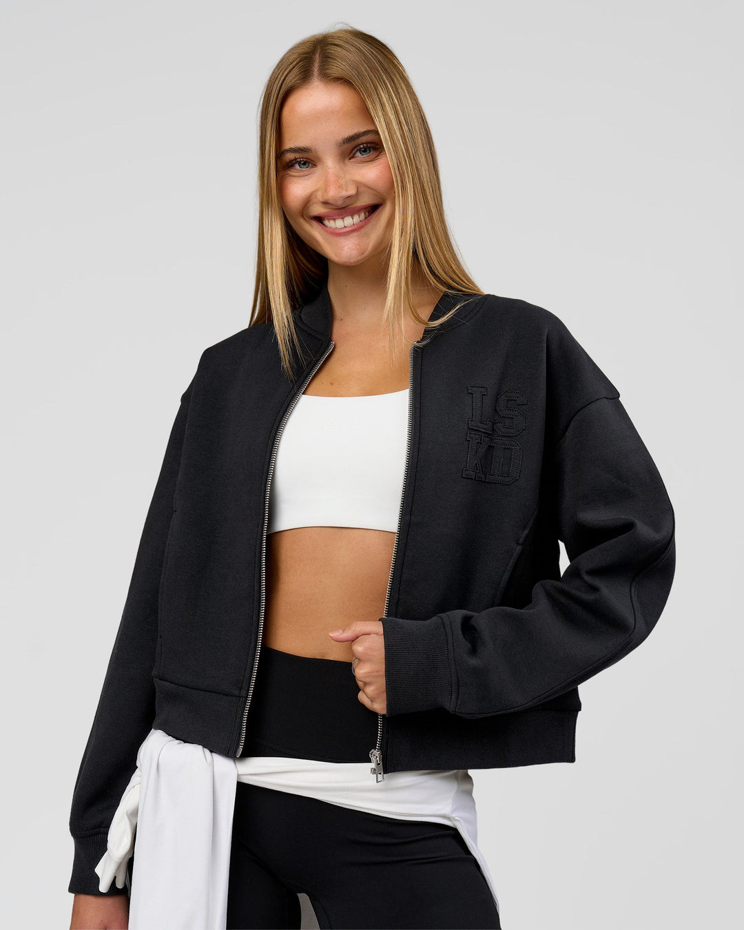 Woman wearing Bomber ZeroCrease Spacer Jacket - Black | Model:Taneisha | Size:XS - view 5