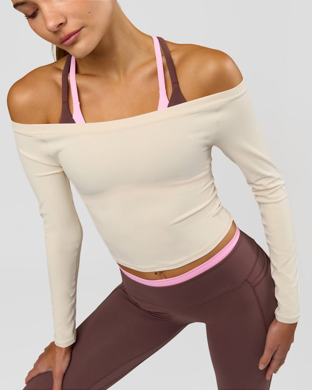 Woman wearing Bree Bardot Long Sleeve Top - Vanilla Bean | Model:Taneisha | Size:XS - view 1