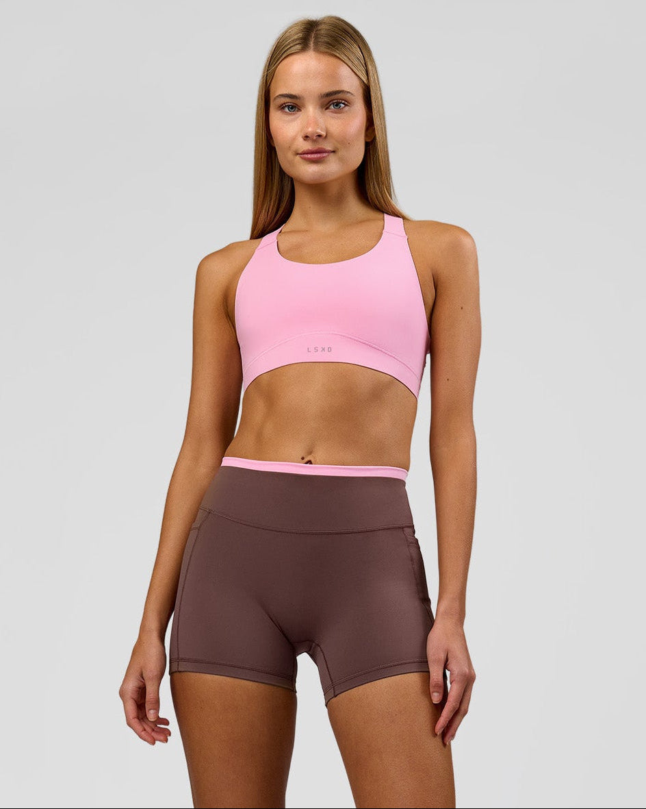 Woman wearing Bree Fusion High-Rise 4" Short Pockets - Cocoa Powder-Pink Rose | Model:Taneisha | Size:XS - view 1