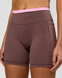 Woman wearing Bree Fusion High-Rise 6" Short Pockets - Cocoa Powder-Pink Rose | Model:Taneisha | Size:XS | Thumbnail Index: 0