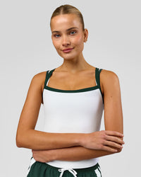 Woman wearing Flame Ribbed Regular Length Tank - White-Midnight Green | Model:Taneisha | Size:XS | Thumbnail Index: 5
