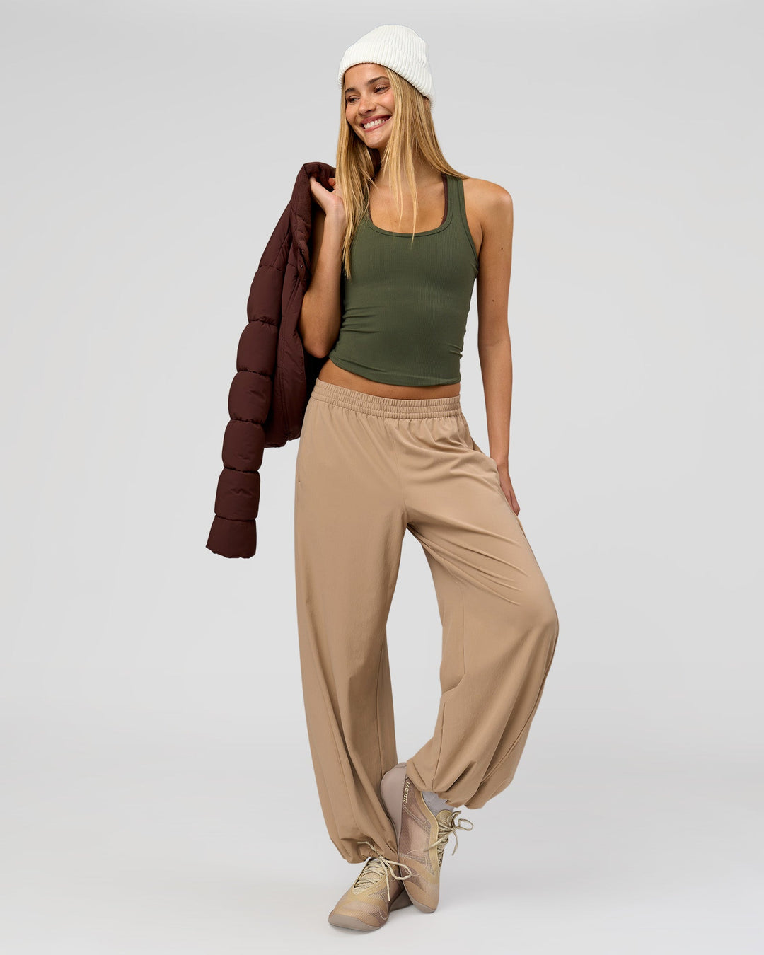 Woman wearing Flow Rib Scoop Neck Tank - Pure Olive | Model:Taneisha | Size:XS - view 5