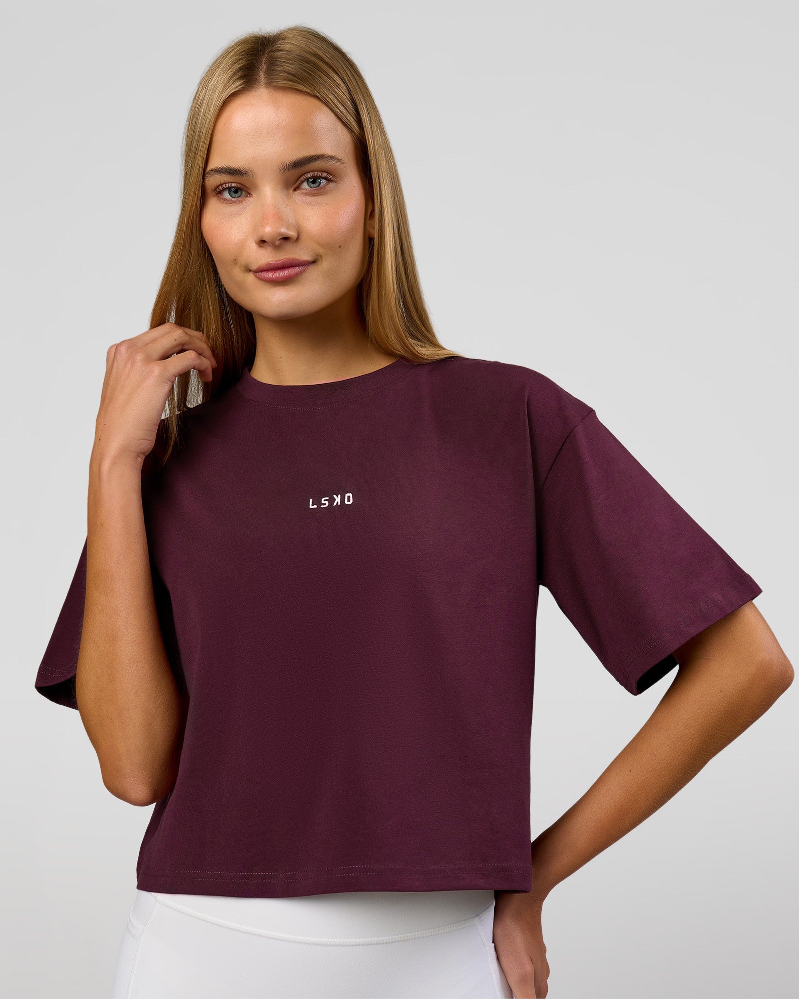 Woman wearing Go-To Heavyweight FlxCotton Skimmer Tee - Cherry Lacquer-White | Model:Taneisha | Size:XS