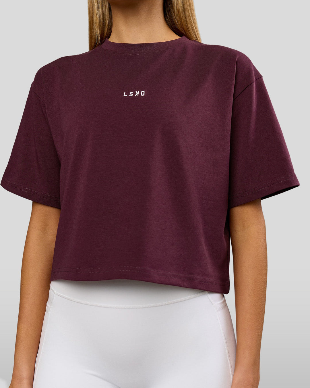 Woman wearing Go-To Heavyweight FlxCotton Skimmer Tee - Cherry Lacquer-White | Model:Taneisha | Size:XS - view 2