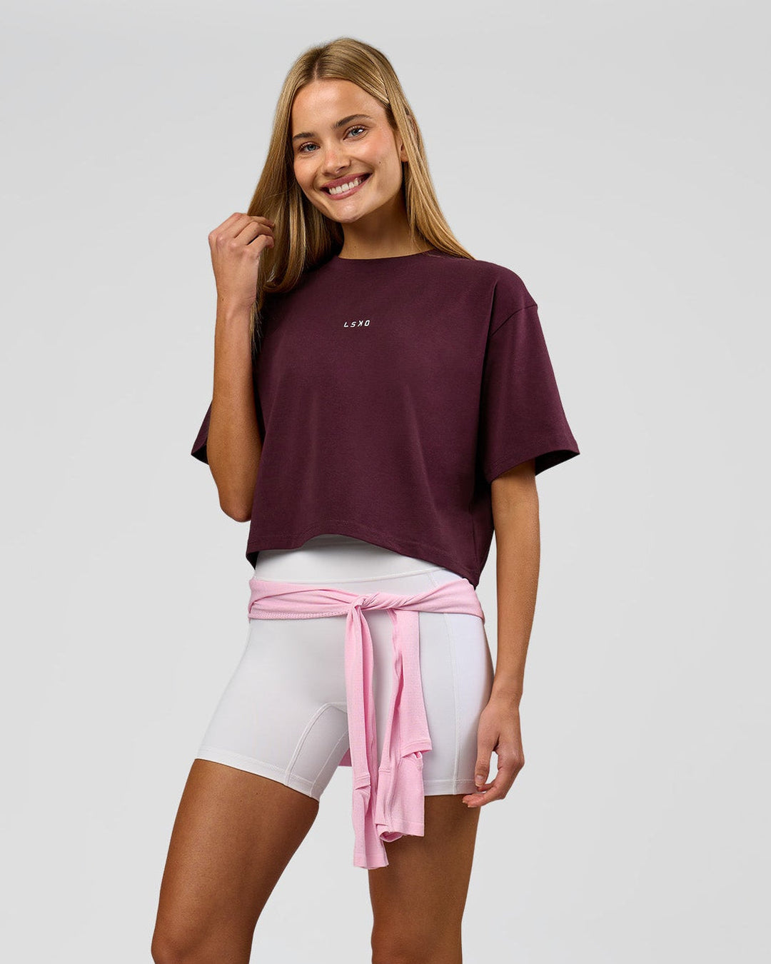 Woman wearing Go-To Heavyweight FlxCotton Skimmer Tee - Cherry Lacquer-White | Model:Taneisha | Size:XS - view 8