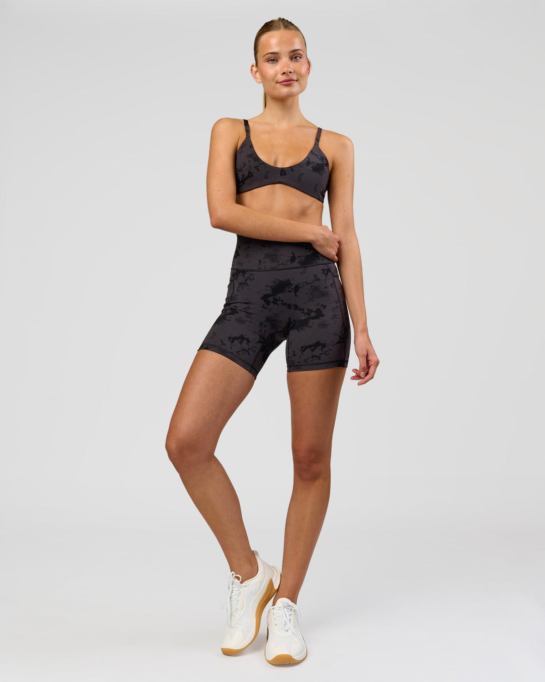 Woman wearing Minimal Sports Bra - Black Tie Dye | Model:Taneisha | Size:XS - view 5