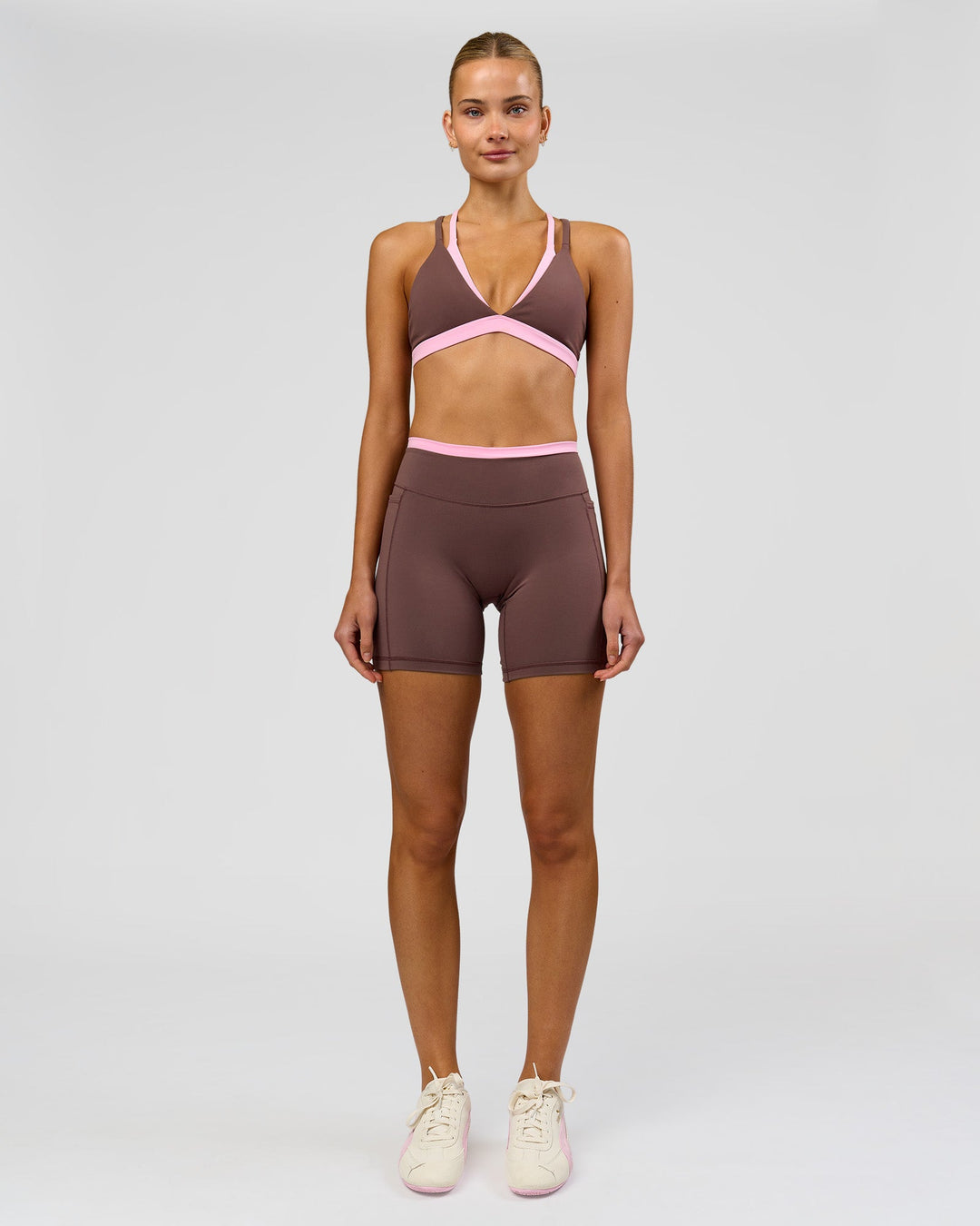 Woman wearing Velocity Bralette Sports Bra - Cocoa Powder-Pink Rose | Model:Taneisha | Size:XS - view 7