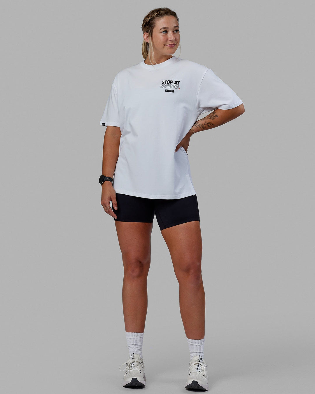 Women Wearing Unisex Fitstop Stop at Nothing Tee Oversize - White-Black