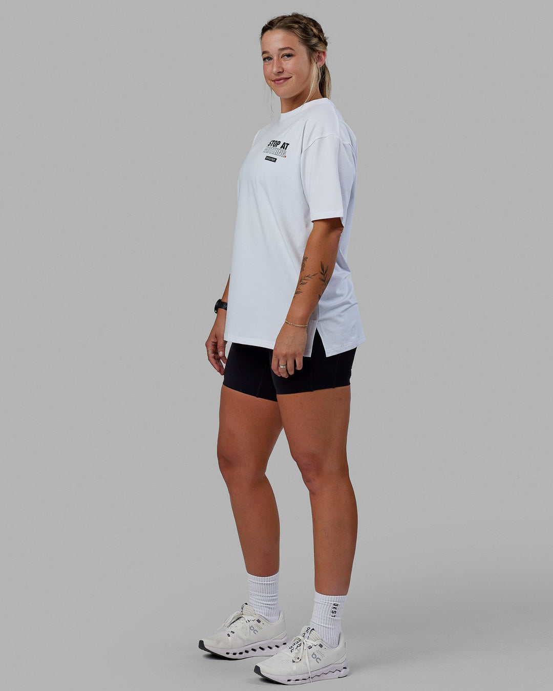 Women Wearing Unisex Fitstop Stop at Nothing Tee Oversize - White-Black