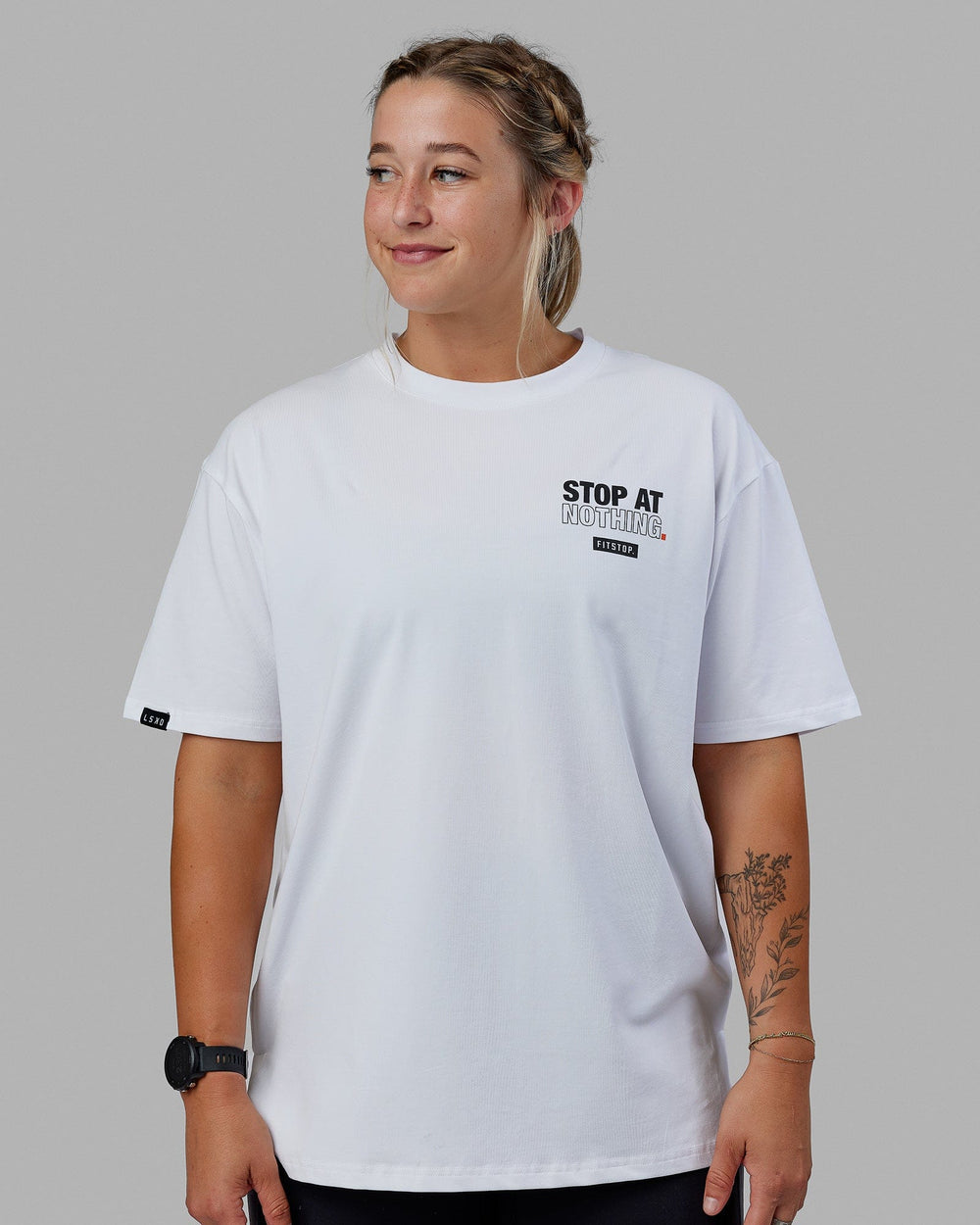 Women Wearing Unisex Fitstop Stop at Nothing Tee Oversize - White-Black