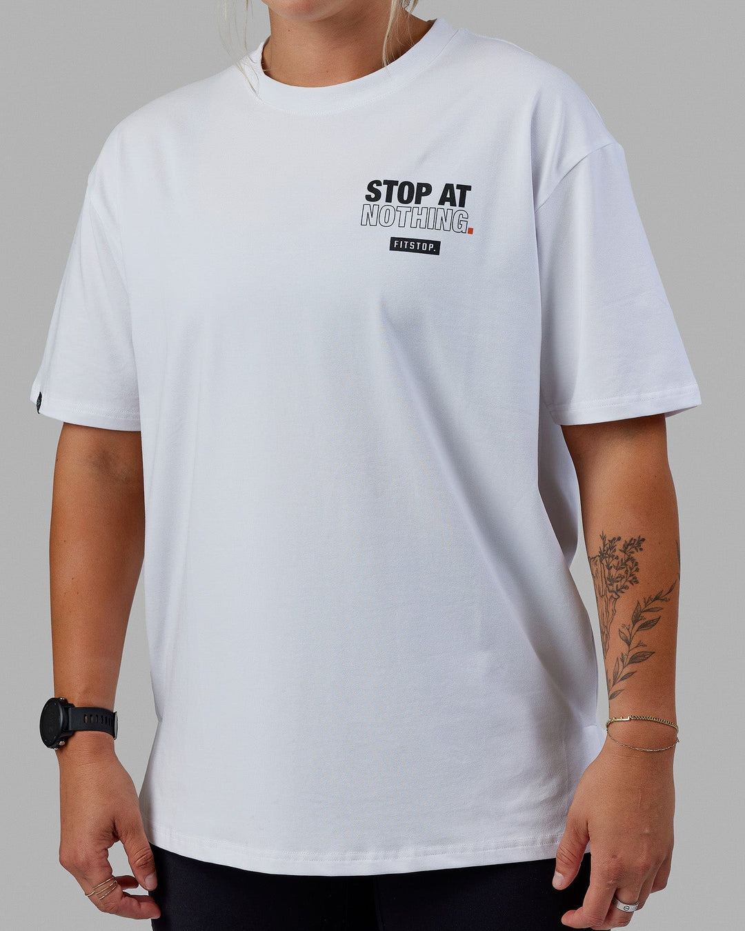 Women Wearing Unisex Fitstop Stop at Nothing Tee Oversize - White-Black