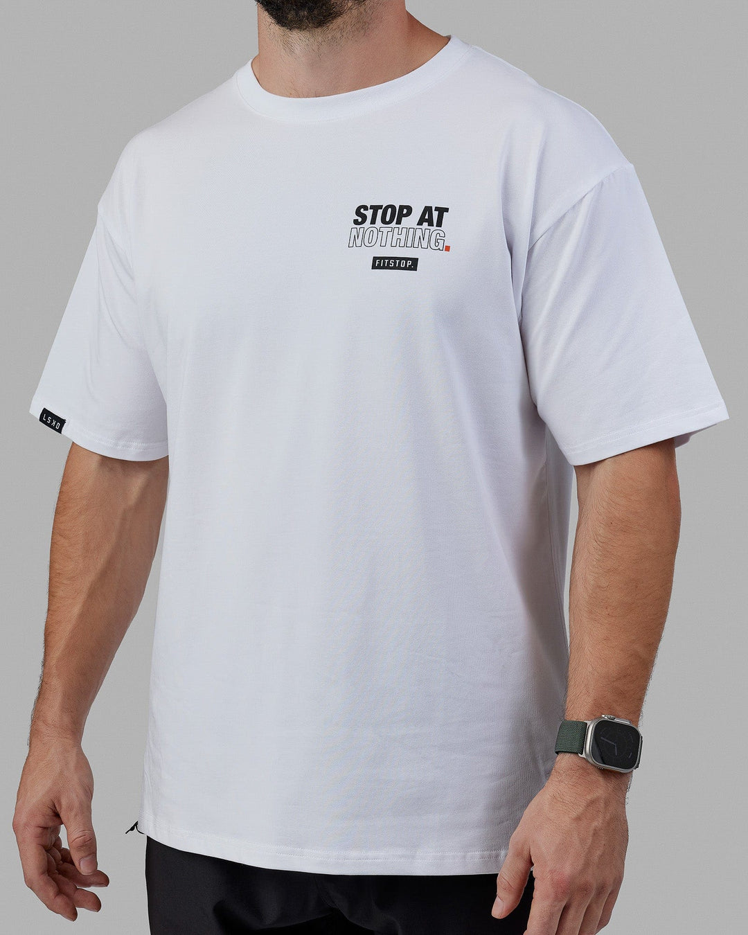 Man Wearing Unisex Fitstop Stop at Nothing Tee Oversize - White-Black