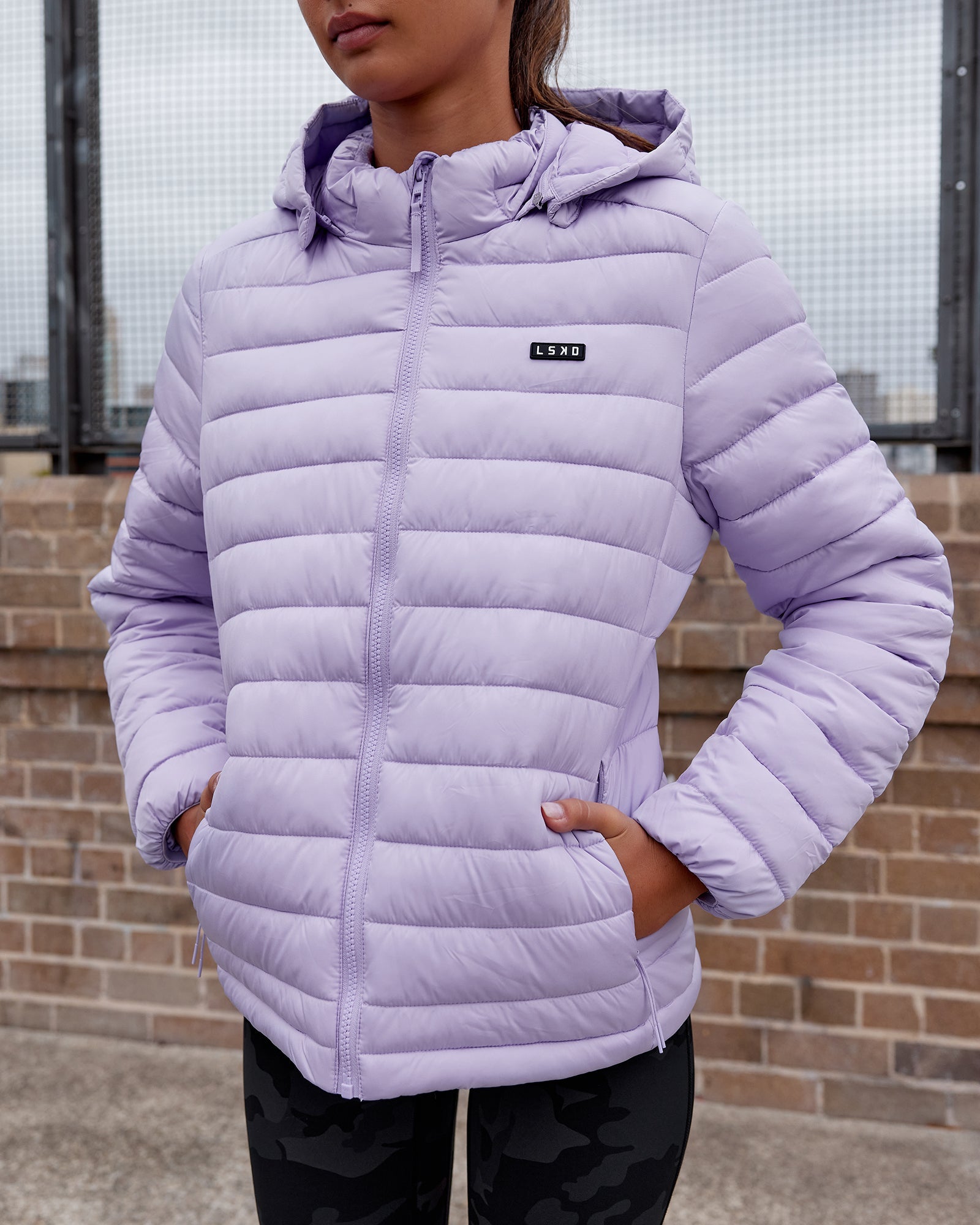 Lilac puffer jacket with hood sale